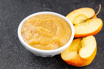 Puree apple fruit natural ingredients tasty fresh gourmet food background table rustic food top view copy space keto and paleo diet vegetarian and vegan food