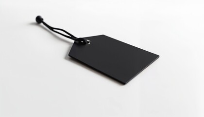 Blank black tag with string, minimalistic design for branding and labeling, copy space