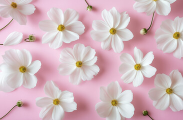Minimalist Flat Lay of White Cosmos Flowers on Pink Background – Aesthetic Floral Pattern for Wedding Cards, Birthday Cards, Product Packaging & Social Media Design