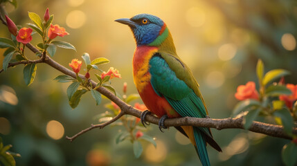 Obraz premium vibrant bird perched on branch, surrounded by colorful flowers and soft sunlight. scene evokes sense of tranquility and beauty