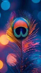 Peacock feather with golden highlights and soft curves, showcasing iridescent textures, exotic charm, and delicate beauty, perfect for visual storytelling, digital book illustration
