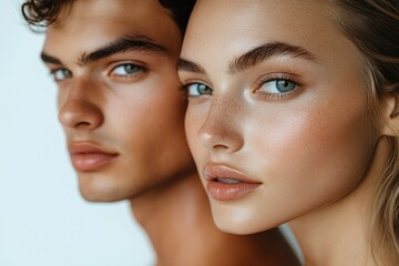 Close-up portrait of a young attractive couple with flawless skin and captivating blue eyes.