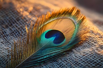 Obraz premium Single peacock feather with radiant colors and detailed eye pattern, symbolizing beauty, nature, and artistic inspiration, great for decorative themes, stylized comic book illustration