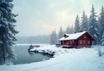A cozy cabin in a snowy winter landscape with trees, a barn, and mountains in the distance, surrounded by a peaceful village and forest