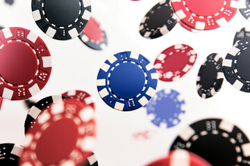a bunch of poker chips falling from the ceiling cutout image and isolated on transparent background 