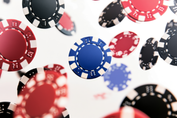 a bunch of poker chips falling from the ceiling cutout image and isolated on transparent background 