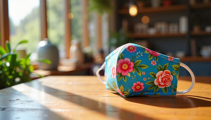 Floral face mask resting on a wooden table in a bright cafe