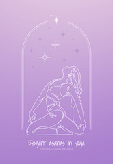 Vector illustration of a woman in the graceful yoga pose, drawn in a single-line style. The background has a purple gradient with a crescent moon, creating a calm and meditative atmosphere