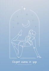 Vector illustration of a woman in the low lunge pose, drawn in a single-line style. The background has a soft blue gradient with a crescent moon, creating a calm and meditative atmosphere