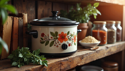 Decorative slow cooker on rustic wooden shelf with plants