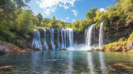 Obraz premium Majestic waterfall cascading into serene lake nature reserve landscape photography peaceful environment scenic view