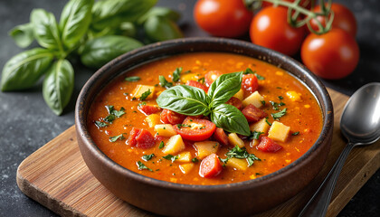Bowl of fresh tomato basil soup with vegetables on wooden board