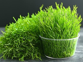 Vibrant green plants growing densely in a clear plastic container