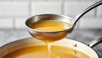 Ladle pouring broth from pot in kitchen