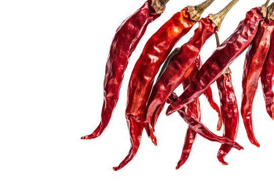 three red peppers hanging from a string cutout image and isolated on transparent background 