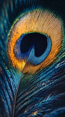 Obraz premium Peacock feather with golden highlights and soft curves, showcasing iridescent textures, exotic charm, and delicate beauty, perfect for visual storytelling, digital book illustration