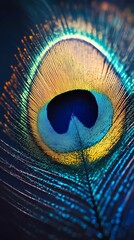 Obraz premium Peacock feather with golden highlights and soft curves, showcasing iridescent textures, exotic charm, and delicate beauty, perfect for visual storytelling, digital book illustration