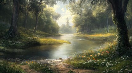 Serene River flowing through Lush Green Forest