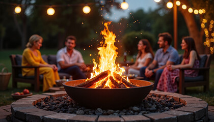 Group of friends enjoying fire pit with warm lights in backyard