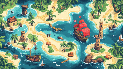 Pirate game map. Vector cartoon illustration of tropical islands with palm trees, old ship with scarlet sails, path to treasure chest. Pirate adventure route for navigation between gaming levels