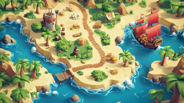 Pirate game map. Vector cartoon illustration of tropical islands with palm trees, old ship with scarlet sails, path to treasure chest. Pirate adventure route for navigation between gaming levels