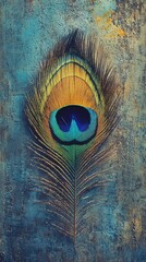 Obraz premium Peacock feather with golden highlights and soft curves, showcasing iridescent textures, exotic charm, and delicate beauty, perfect for visual storytelling, digital book illustration