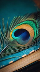 Obraz premium Peacock feather with golden highlights and soft curves, showcasing iridescent textures, exotic charm, and delicate beauty, perfect for visual storytelling, digital book illustration