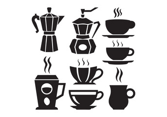 Coffee Icon Set: Steaming Mugs Pots Café Beverage Vector Graphics