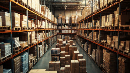 Fototapeta premium Warehouse storage interior with pallet and box. Full rack in store delivery stockroom. Distribution hangar building with crowded shelf of inventory in wood crate and cardboard package game panorama