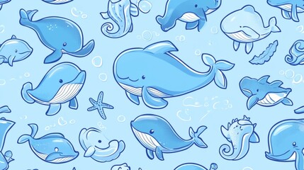 Naklejka premium Seamless pattern with cute whales, fish, and starfish swimming in the ocean, perfect for children's products or any project related to marine life