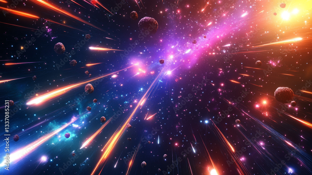 Poster flaming asteroid and colorful comets. realistic celestial objects blazing through deep space and lea