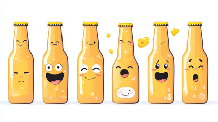 Beer bottle character, kawai funny glass flask with yellow liquid alcohol drink and cute face express happy and sad emotions. design elements isolated on white background. Cartoon vector icons set