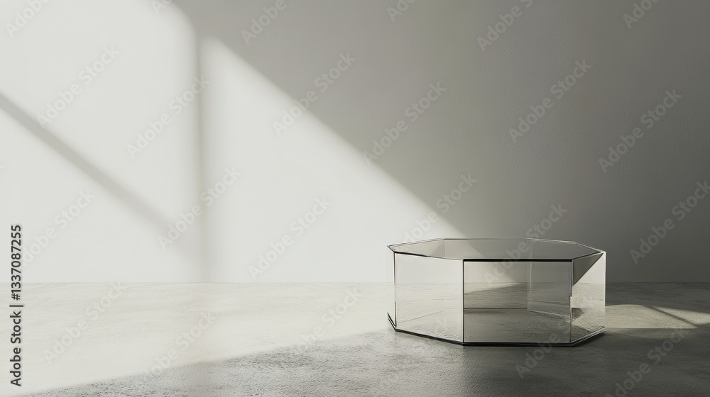 Poster glass transparent hexagon podium in studio room with floor and wall. realistic 3d vector platform fo