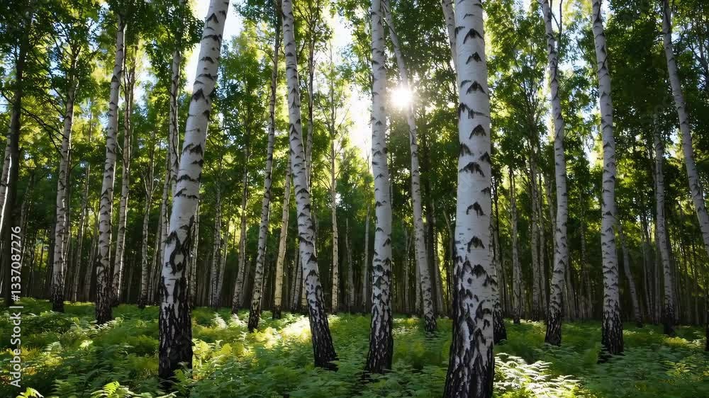 Poster exploring a serene birch forest with vibrant ferns and sunlight filtering through trees