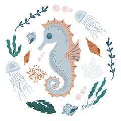 Seahorse surrounded by coral, bubbles, seaweed, algae and underwater elements. Circle composition. Illustration with marine animal
