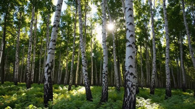 Exploring a serene birch forest with vibrant ferns and sunlight filtering through trees