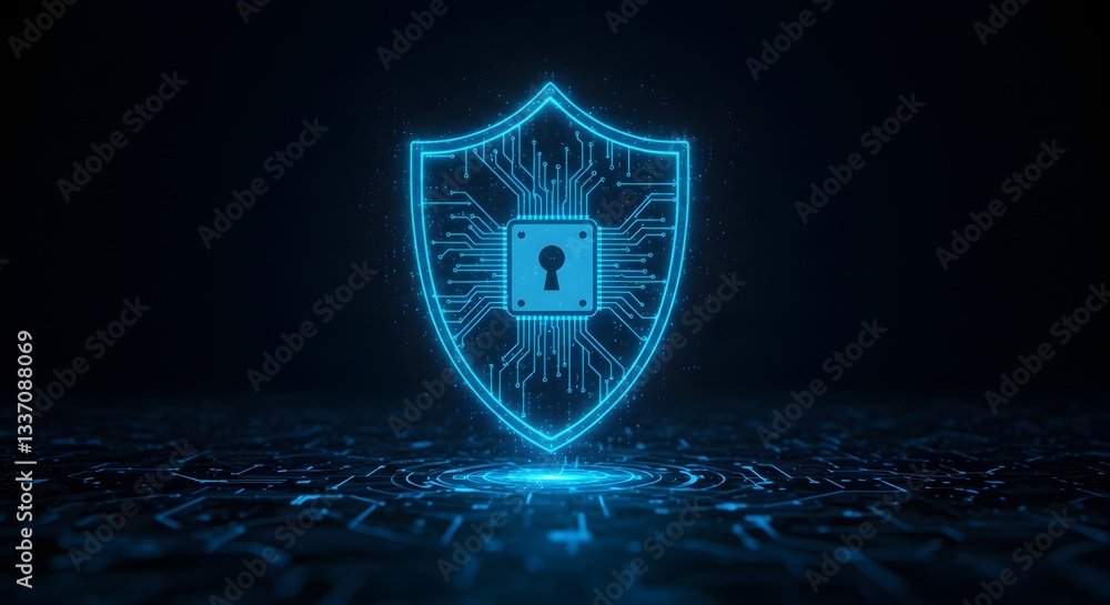 Poster cybersecurity shield glowing with digital circuitry for network protection