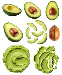 avocado collection, slices, seed and paste on transparent background