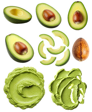 avocado collection, slices, seed and paste on transparent background