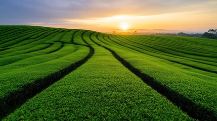 A tea plantation in Sri Lanka, with rolling green hills and morning mist