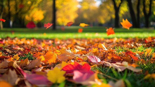 Autumn leaves falling city park nature photography vibrant colors ground level seasonal beauty
