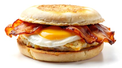 English Muffin with Crispy Bacon and Fried Egg on White Background