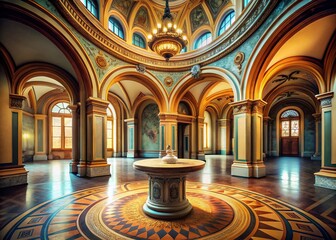 Grand Hallway Circular Pedestal Ornate Arches Architectural Detail Stock Photo