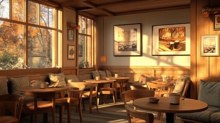 Cozy cafe interior, autumn sunlight, peaceful ambiance, perfect for relaxation