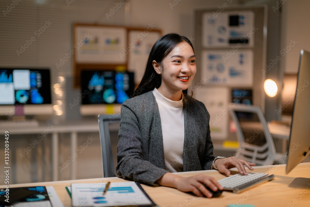 Poster asian businesswoman working late using computer in office with charts and graphs on screens