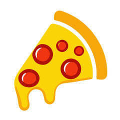 A stylized slice of pizza with melted cheese, bold toppings, and a cartoonish look.