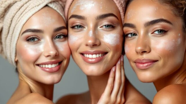 Women, natural beauty and face with diversity, skincare and wellness for inclusion in studio. 4k Video. generated with AI