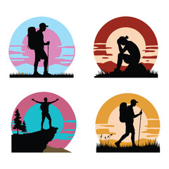 Circular Hiking Silhouettes: Diverse Poses Emotions Vector Set