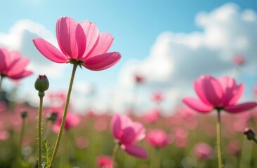 Obraz premium Beautiful pink flowers anemones and God's cow in spring nature in the open air against the blue sky, macro, soft focus. Magic colorful artistic image of the tenderness of nature, spring flower wallpap
