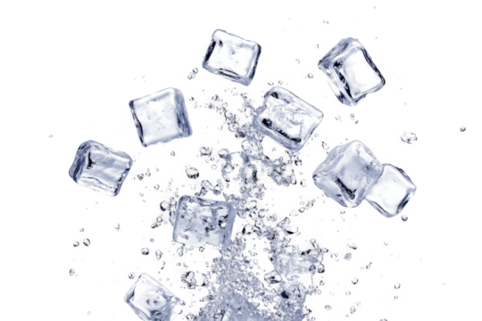 ice cubes falling into the water cutout image and isolated on transparent background 